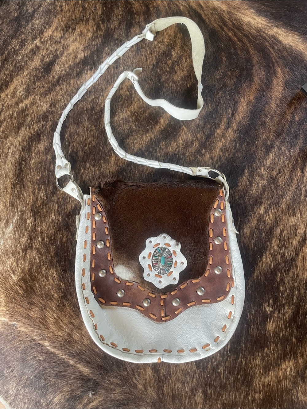 White and Brown Leather Crossbody Bag with Turquoise Concho